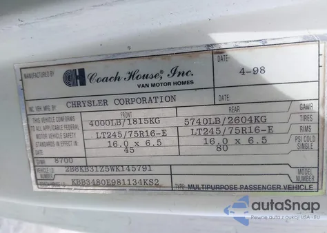 1998 Dodge Ram Van 3500 Commercial/Commercial Maxi/Conversion from USA, damaged, VIN 2B6KB31Z5WK145791